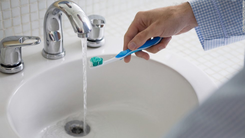 Turning off the faucet while brushing is a great way to save water at home.